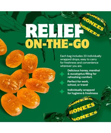 Honees Filled Menthol Cough Drops, Honey, Menthol & Eucalyptus Cough Drops- Natural Sore Throat Relief - Nothing Artificial -Throat Lozenges, Non-GMO (12 Pack 240 Drops) - Buy Online on GoSupps.com