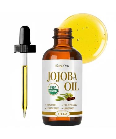 BodyJ4You Organic Jojoba Oil for Skin - USDA Organic 100% Pure Natural - Face Skin Gua Sha Facial Dermaplaning Hair Scalp Massage - Unrefined Cold Pressed Hexane Free - Base Carrier Wax - 1 Fl Oz 1 Fl Oz (Pack of 1)