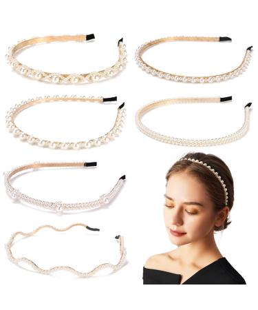 GeoGeoDIY 6 Pieces Pearl Headbands gold Hairbands White Faux Pearl Hair Hoop Bridal Wedding Hair Fashion Hair Accessories for Women and Girls