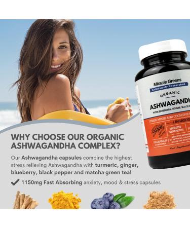 Organic Ashwagandha 1150mg Capsules with Blueberry, Turmeric, Ginger & Black Pepper | Mood, Anxiety & Stress Relief | Max Strength Root Extract - 5% Withanolides | 120 Count - Buy Online on GoSupps.com