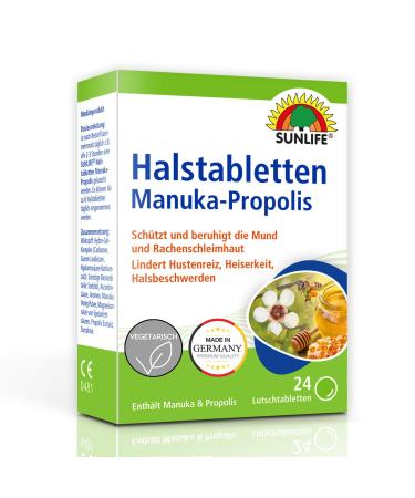 Sunlife Manuka -Propolis Halfstabicken 1 x 24 pieces - honey propolis tablets - neck spastilles against cough - sore throat lozage tablets - lollipops with manuka & propolis - Buy Online on GoSupps.com