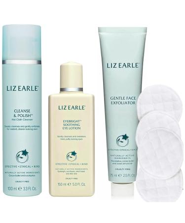 Liz Earle Essential Set Includes Liz Earle Cleanse & Polish 100ml Liz Earle Gentle Face Exfoliator 75ml Liz Earle Eyebright Soothing Eye Lotion 150ml and 4 Reusable Cotton Pads