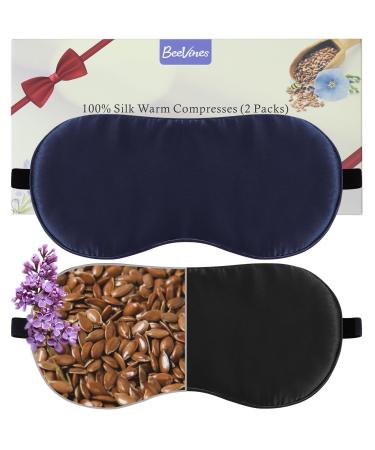 BeeVines Warm Compress for Eyes 2 Pack 100% Real Pure Natural Silk Eye Mask for Dry Eyes Puffy Heated Weighted Eye Mask for Sleeping with Detachable Flaxseed & Lavender Heating Pads (Black & Blue) 01 Black & Blue