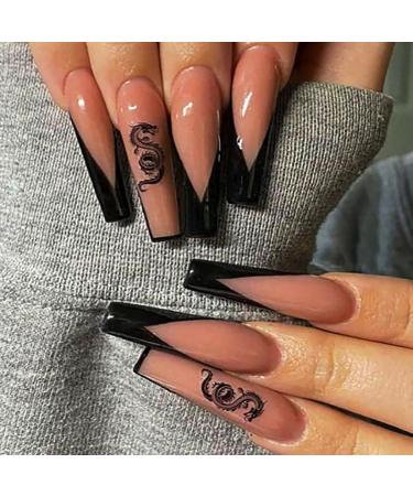 Brishow artificial nails pink long nails to stick on press on nails with black dragon French false nails carnival fake nails 24 pieces for women and girls