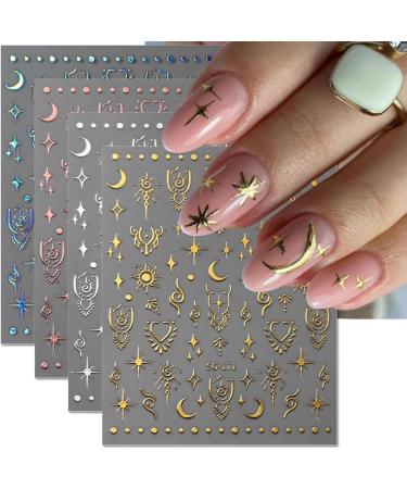 Moon Star Nail Stickers 8 Sheets Metallic 3D Self-Adhesive Nail Art Decals | Shiny Laser Stars & Moon Designs for DIY Nail Decorations - Buy Online on GoSupps.com