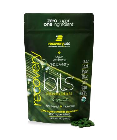RECOVERYbits Pure Chlorella Tablets - Bag of 1,000 Tablets - Cracked Cell Wall, Non-GMO, Non-Irradiated, Raw, Green Algae - Keto, Vegan Friendly 1000 Count (Pack of 1)