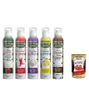 Italian Gourmet E.R. Set of 5 spray bottles of extra virgin olive oil flavored with garlic lemon chili black truffle + gourmet Italian polpa 400 g (5 x 250 ml)