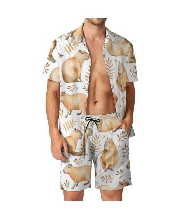 WEEDKEYCAT Adorable Capybara Men's Beach Outfits 2 Piece Hawaiian Button Down Shirt Short Sleeve and Shorts Trunk Sets X-Small