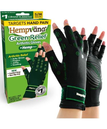Hempvana Green Relief Arthritis Gloves Woven with Hemp Fibers As Seen On TV Advanced Compression to Help Relieve Pain & Swelling Adjustable Wrist Strap for the Ultimate Fit Non-Slip Grip S/M Small/Medium (Pack of 2)