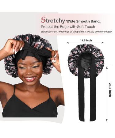 YANIBEST Silk Bonnet for Sleeping - Double Layer Satin Sleep Cap for Curly Natural Hair - Large Black Floral - Buy Online on GoSupps.com
