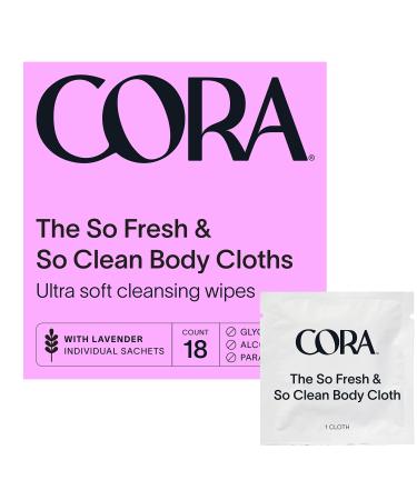 Cora Body Cloths | Cleansing Wipes | Lavender Scent | Individually Wrapped Sachet | All Over Refresh | Intimate Areas | Moisturizing and Hydrating | pH Balance | Soothing Aloe | Packaging May Vary (18 Count) Lavender Sachets (18 Count)