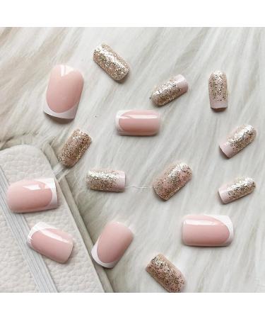 Glitter Acrylic French Tip Press On Nails - Square False Nails with Cute Designs - Medium White Full Cover Stick On Nails for Women - Manicure Decoration - Style 6 - Buy Online on GoSupps.com