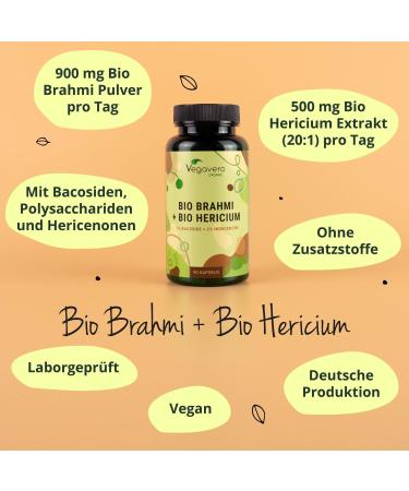 Bio Brahmi & Hericium Vegavero | 900mg Bacopa Monnieri + 500mg Hericium - 90 Capsules | German Quality No Additives 2% Bacosides & Hericenone - Buy Online on GoSupps.com