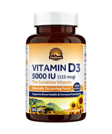 VITALITOWN Vitamin D3 5000 IU (125 mcg) Supports Bone Immune Teeth Muscle & Nerve Health High Potency Natural Form D3 in Easy-to-Swallow Vegetarian Softgels Non-GMO No Dairy & Gluten 360ct