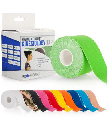 Proworks Kinesiology Tape | 5m Roll of Elastic Muscle Support Tape for Exercise Sports & Injury Recovery Green