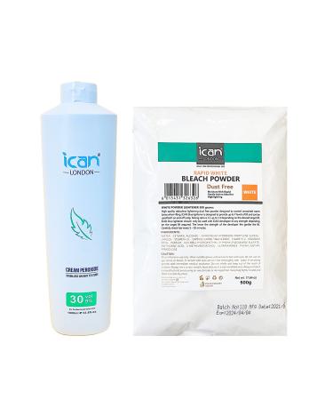 ICAN LONDON PROFESSIONAL CREAM PEROXIDE 30 VOL 9% 1000 ML + WHITE POWDER BLEACH 500 G COMBO SET