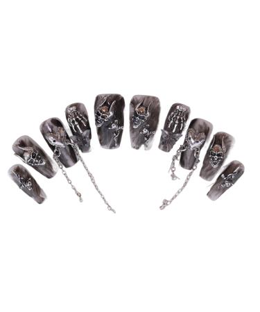 PN-015 Press-On Nails Painted 10 Pieces Reusable Artificial Nails Skull Skeleton Halloween Gothic Grey