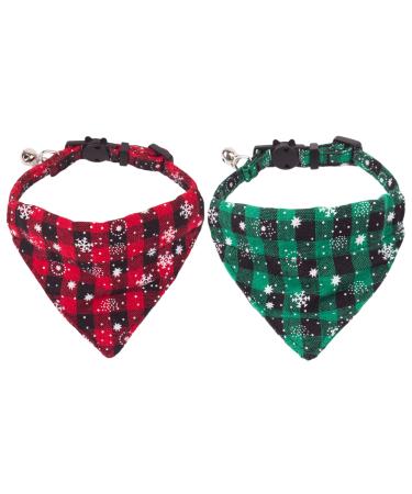 ADOGGYGO Christmas Cat Collars Breakaway with Bell, 2 Pack Adjustable Cat Collar with Removable Bandana, Red Green Plaid Snowflake Cat Bandana Collar for Kittens Cats Plaid & Snowflake