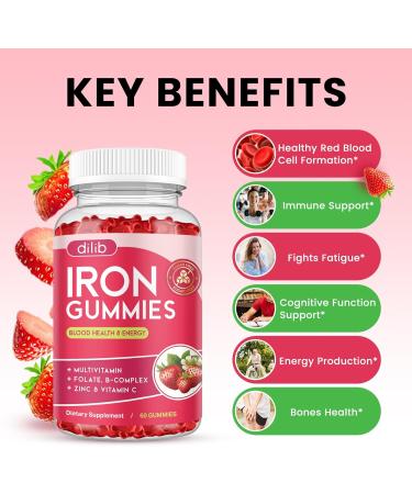 Iron Gummies with Multivitamin Iron Supplement for Women & Men with Zinc Vitamin B Complex & C B12 Folate - Blood Builder & Energy Support for Adults & Kids - Strawberry Flavor Vegan 60 Gummies Strawberry 60 Count (Pac  - Buy Online on GoSupps.com