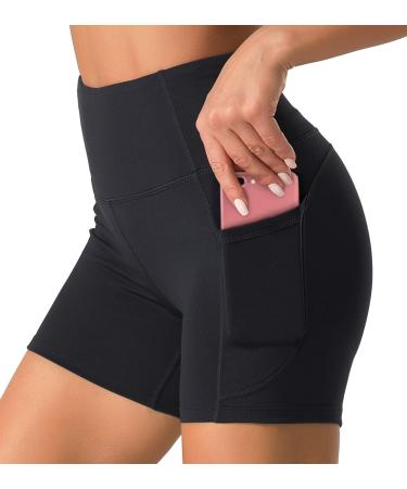 Dragon Fit High Waist Yoga Shorts for Women with 2 Side Pockets Tummy Control Running Home Workout Shorts Medium Black