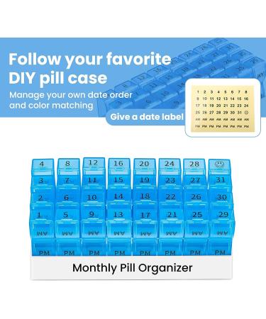 Monthly Pill Organizer 2x a Day | 30 Day AM PM Pill Box with Small Compartments | Travel Medicine Organizer (Blue) - Buy Online on GoSupps.com