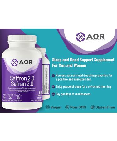 AOR - Saffron 2.0 Supplement - 60 Capsules - Serene Sleep Support and Helps to Support Mood Balance Supplement for Men and Women - Affron Crocus Sativus Extract - Improves Sleep Quality 14 mg - Buy Online on GoSupps.com