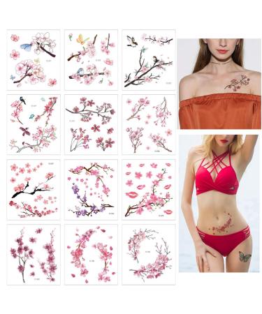 Glaryyears Flower Birds Temporary Tattoos  12 Sheets Cherry Blossoms Fake Realistic Tattoo Sticker for Women Girls  Sexy Leaf Body Art for Seasons