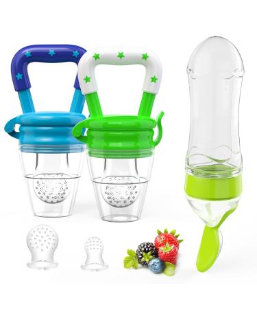 HAOBAOBEI Baby Fresh Fruit/Food Feeder Pacifier (2 Pcs)  Silicone Baby Teething Toys with Additional 2 Sized Silicone Pouches & Dispensing Spoon Squeeze Feeder with 2 Bottle Brush for Infant Toddler Blue&GreenSet