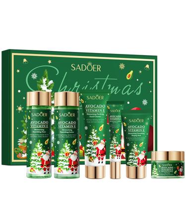 Christmas Avocado Skincare Gift Set 6pcs Deep Moisturizing Skin Care Kit with Facial Cleanser Toner Lotion Face Cream Eye Cream Sleeping Mask For Women Teen Girls
