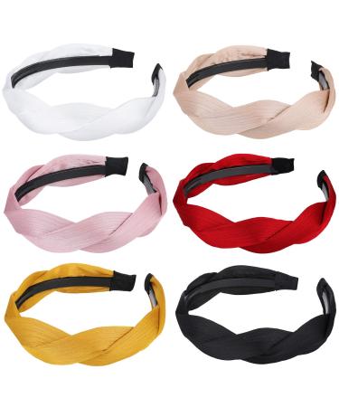 6 Pieces Women Braided Headband Wide Twisted Knotted Headband Weaving Shape Headband Vintage Twisted Knotted Hairband Hair Hoop Accessory (Champagne, Pink, Black, White, Red, Ginger)