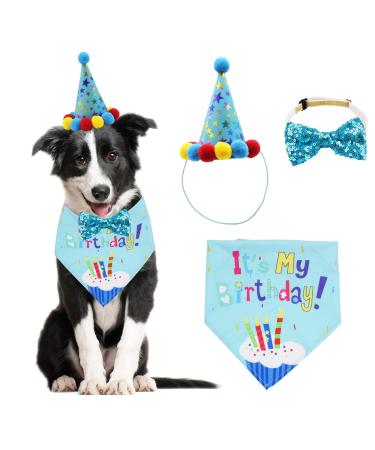 ADOGGYGO Dog Birthday Bandana Scarf and Dog Girl Boy Birthday Party Hat with Cute Dog Bow Tie for Small Medium Large Dog Pet (Large, Blue) Large Blue