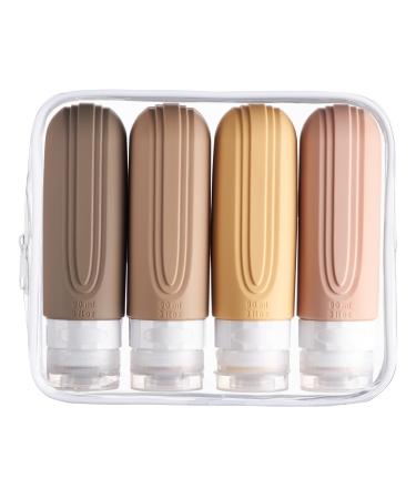 Essential sphere silicone travel bottles set with a transparent cultural bag 4 pieces 90ml outlet protection refillable suitable for hand luggage BPA free (brown tones)