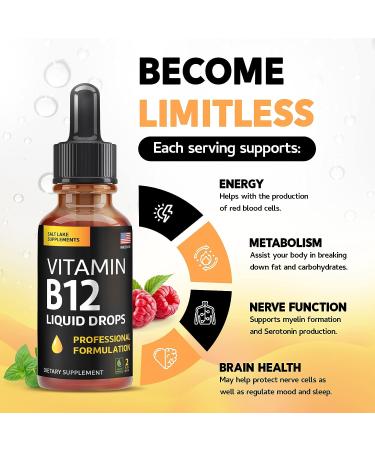 Vegan Vitamin B12 Liquid Drops - Fast-Acting Methylcobalamin Complex - Sublingual B Complex with B2 B3 B6 - Non-GMO Raspberry Flavor - 2 fl. oz - Buy Online on GoSupps.com
