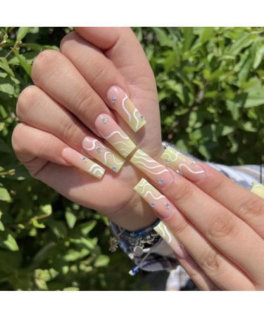 JUSTOTRY 24 Pcs White Swirl False Nails Long with Diamond Pale Yellow French Press on Nails Patterns Ballerina Stick on Nails for Women Acrylic Coffin Fake Nails Medium with Glue for Nail Art yellow&wavy1
