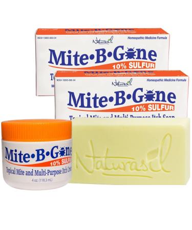 Mite-B-Gone 10% Sulfur Cream (4oz) + Multi-Purpose Itch Soap (2 Bars / 4 oz per bar) - Itch Relief for Insect Bites, Acne, Itching and Redness