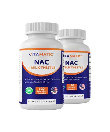 Vitamatic NAC Supplement N-Acetyl-L-Cysteine (NAC) with Milk Thistle 50:1 Extract - Supports Immune Respiratory Liver Health 1200 mg per Serving 120 Veg Capsules - 2 Pack
