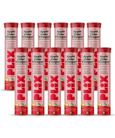 PL'IX - THE PLANT FIX Apple Cider Vinegar 15 Effervescent Tablets with mother for weight loss & easy digestion vitamin B6 & B12 Pack of 12 (Apple) 100% vegan Easy to carry & consume