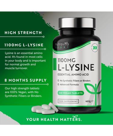 L-Lysine 1100mg High Strength - 240 Vegan & Gluten Free Tablets | Cold Sore Treatment & Essential Amino Acid Supplement | Made in The UK by Nutravita - Buy Online on GoSupps.com