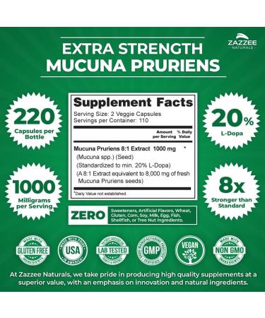 Zazzee Mucuna Pruriens 20% L-Dopa Extract 1000mg - 220 Vegan Capsules | Extra Strength, Non-GMO, Gluten Free - Buy Online on GoSupps.com