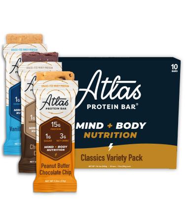 Atlas Mind + Body Keto Protein Bar - Classics Variety Keto Bars - Low Carb Protein Bars - High Fiber Bars - Low Sugar Meal Replacement Bars - Organic Ashwagandha (10-count)