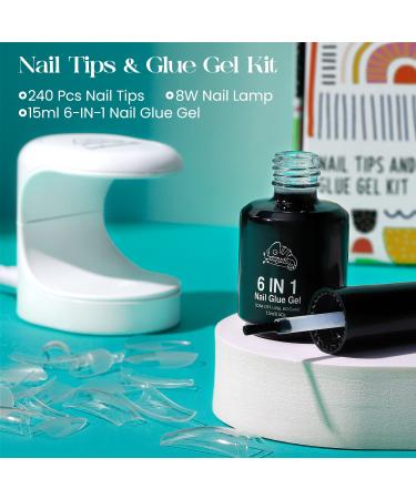 Chameleon Gel Nail Tips and Glue Gel Kit - DIY Nail Extension Set with 6 In 1 Gel Nail Glue - 240Pcs Almond and Coffin Shape Fake Nails - UV LED Lamp Included - Buy Online on GoSupps.com