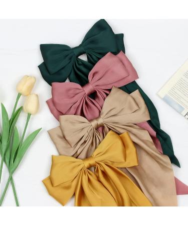 Satin Hair Barrettes Clip for Women - 4 PCS Large Bow Hair Slides in Pink Green Yellow Champagne - French Barrette with Long Tail - Soft Plain Color Bowknot Hairpin for 90's Style Accessories - Buy Online on GoSupps.com