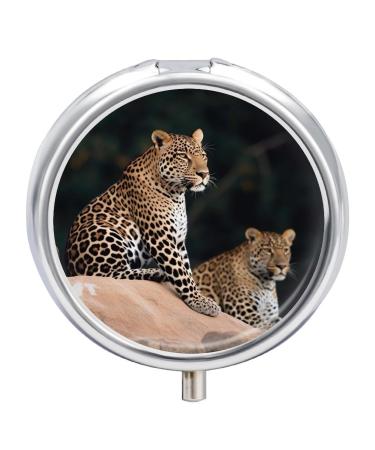 Round Pill Box African Leopard on Rock Print 3 Compartment Medicine Pill Case Print Pill Organizer Decorative Metal Portable Pill Box Pocket Pill Box
