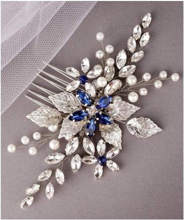 Bridal Sapphire Crystal Hair Comb Pearl Blue Crystal Leaf Marquise Hair Piece Prom Party Festival Wedding Hair Accessories Headwear accessories - Buy Online on GoSupps.com