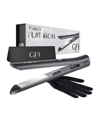 GFI Hair Straightener - Turbo Heating Element - Titanium Flat Iron - Straightens & Curls Any Hair Type - Temperature Control - Pouch & Glove Included
