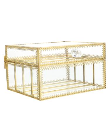 Minkissy golden glass make-up organizer with lid worktop vanity cosmetic storage box mirror glass beauty display holder for brush lipsticks skin care