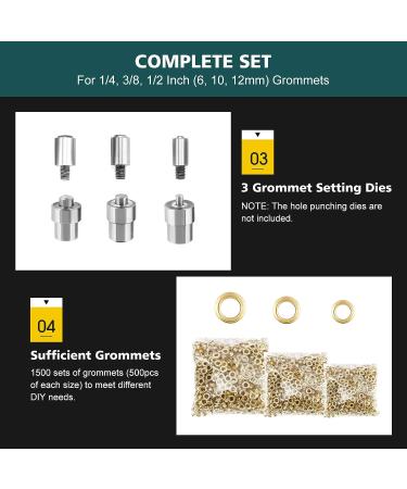 BEAMNOVA Grommet Machine Hand Press Tool Eyelet Kit W/ 3 Dies (#0#2#4) of 1/4  3/8  1/2 Inch (6  10  12mm)  1500 Golden Grommets Green Machine + Golden Supplies - Buy Online on GoSupps.com
