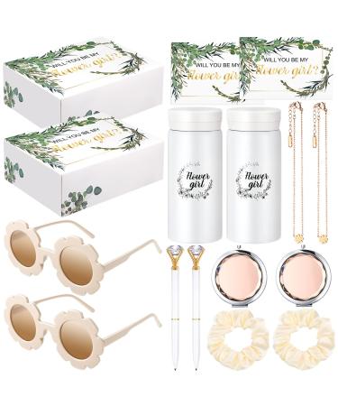 Crtiin 18 Pcs Flower Girl Gifts Flower Girl Proposal Box with Be My Flower Girl Card Necklace Round Flower Glasses Water Bottle Diamond Pen Makeup Mirror Girl Hair Tie Raffia for Wedding Flower Girl