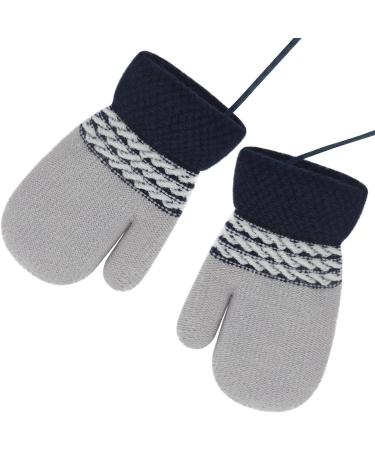 Lovely Infant Toddlers Winter Mittens | Dual Layers Plush Padded Knitted Gloves for Girls & Boys 0-3 Years | Anti-Lost String | Cute Cartoon Design | Grey - Buy Online on GoSupps.com