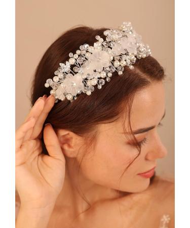 Kercisbeauty Clear Flower Silver Hair Tiara for Women Girls Wedding Bridal Pearl Hair Crown Princess Banquet Hair Accessories - Buy Online on GoSupps.com